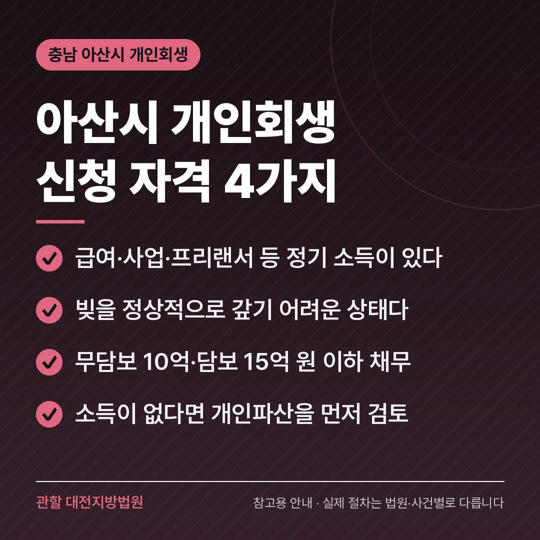 충남 아산시 개인회생 신청 자격 4가지 충남 아산시 개인회생 신청 자격 4가지